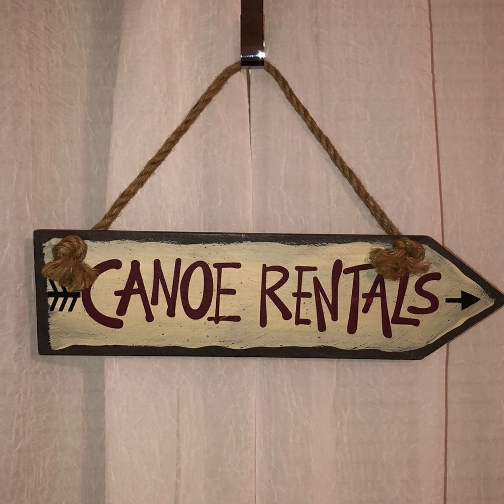 Hand Painted Hanging on Twisted Burlap “Canoe Rentals” Arrow Sign